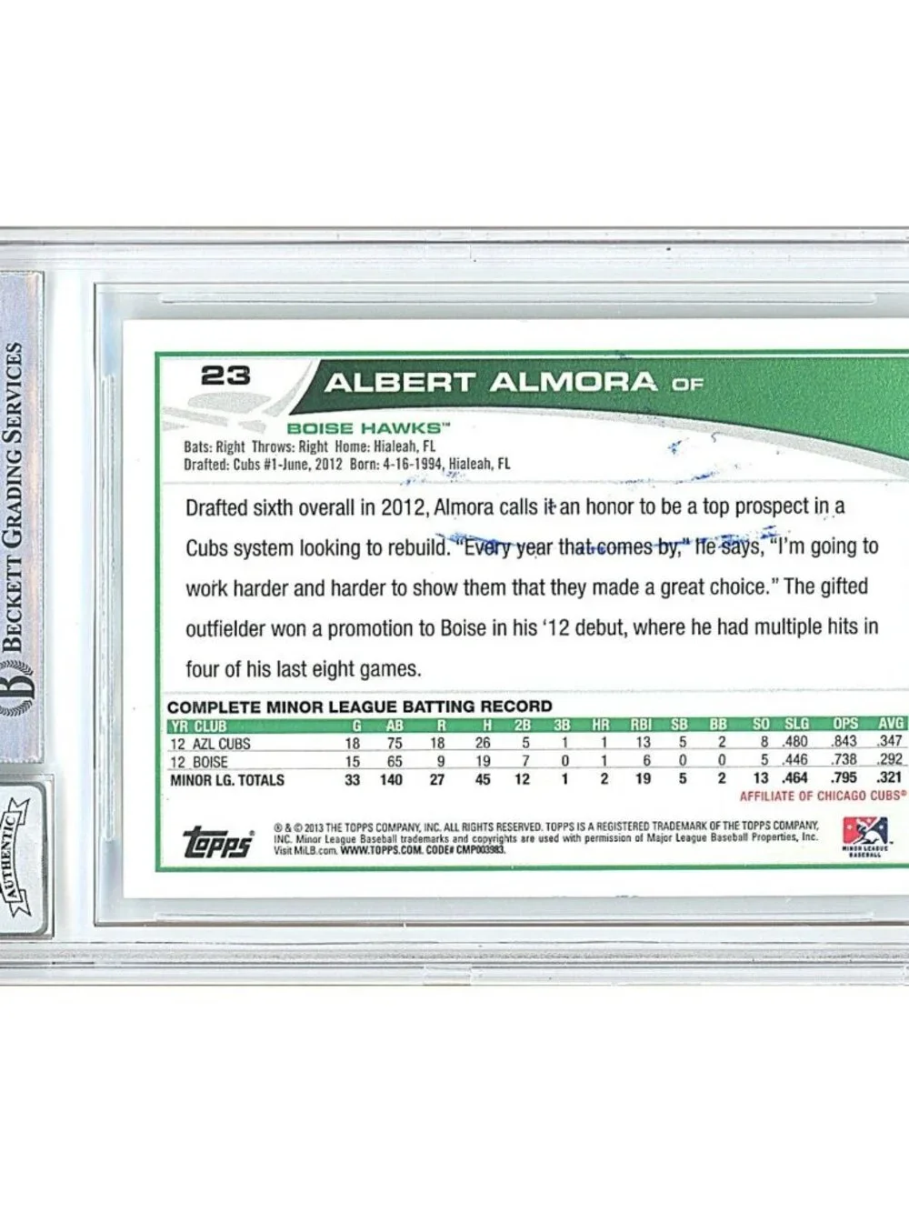Albert Almora Signed 2013 Topps Pro Debut #23 Chicago Cubs BAS Slab BGS Auto 10
